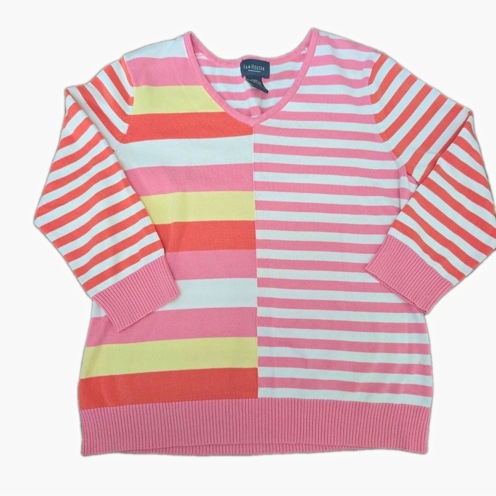 Vintage Van Heusen Women's M Pink Multicolor Striped Cotton Blend Sweater